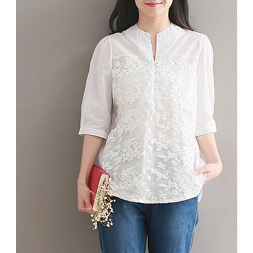 Summer Fashion Women Single Breasted Embroidery Half Latern Sleeve White Linen Blouse , Female Woman Loose XXL Shirt Blouses