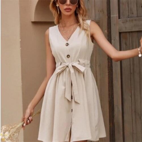 Sweet Temperament Womens Dress 2021 Summer New Style Dress Waist Belt Single-breasted Sleeveless Vest Short Dress LYQ293