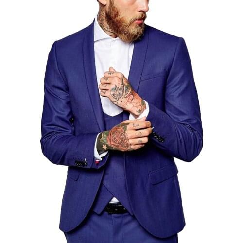 Mens Suits Royal Blue/White Lapel 3 Pieces Business Groom Jacket Tuxedos For Wedding Prom Evening(Blazer+Vest+Pants)