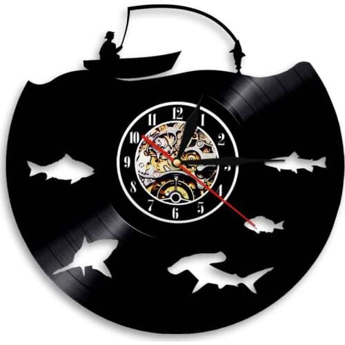 Fishmen Go Fishing Vinyl Record Wall Clock Fish Peterman Art Decorative Hanging Watch Handmade Vintage Artwork Decor Home