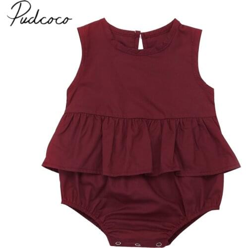 2018 Brand New Toddler Infant Newborn Kids Baby Girl Red Sleeveless Bodysuit Ruffle Outfit One-Pieces Soild Clothes Outfit 0-24M
