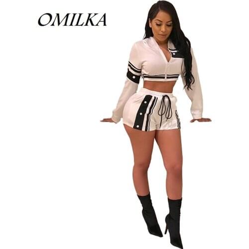 OMILKA 2018 Summer Women Long Sleeve Zipper Hooded Crop Top and Shorts Set Casual Striped Print Club Party 2 Piece Clothing Set