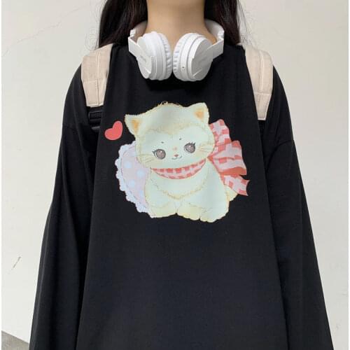 Autumn New Style Japanese Sweet Loose Soft Girl Cartoon Cute Cat Printing Long Sleeve T-shirt Women