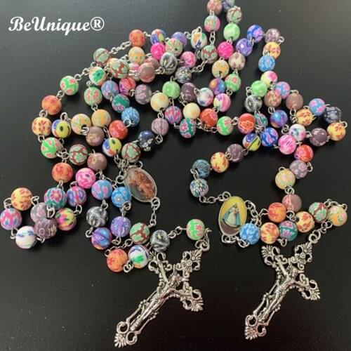 Roman Catholic rosary necklace Colorful soft pottery beads cross pendant polymer clay Rosary bracelet religious decorations