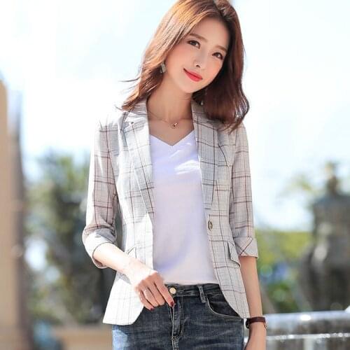 PEONFLY Elegant Autumn Turn Down Collar Slim Plaid Blazer Jacket Half Sleeve Office Lady Woman Suits Slim Casual Buckles Coat