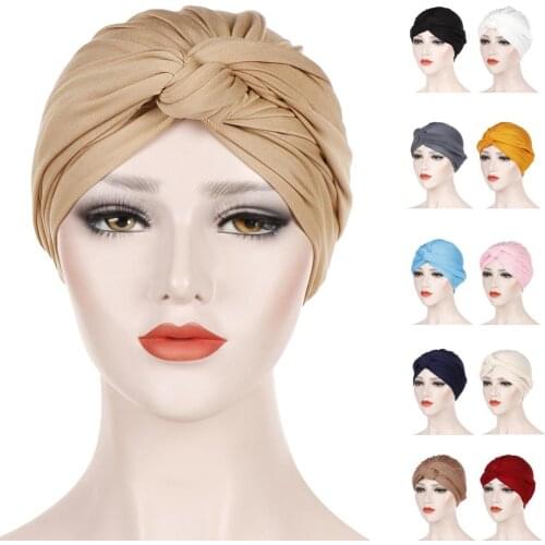 New Women Stretch Turban Muslim Hijab Scarf Head Wrap Hair Loss Chemo Cap Bonnet Hat Pleated Knot Islamic Headscarf Arab Fashion