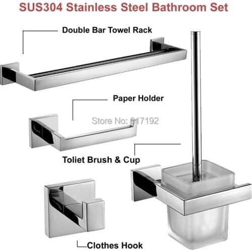 Mirror Polished SUS304 Stainless Steel Bathroom Accessories Set Towel Bar Toilet Paper Holder Robe Hook Toilet Brush Holder