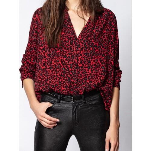 Women Shirt 2020 New Red Leopard Shirt Print Red Tone Is White and Thin V-neck Viscose Crepe Top