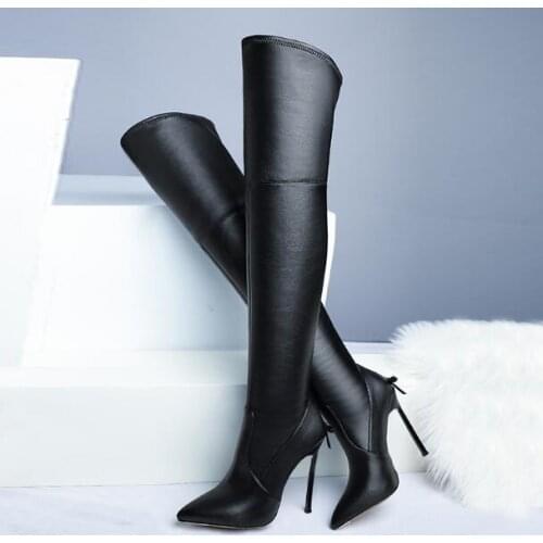 Girls Solid Black Suede Genuine Leather Bow Ties Back Thin Heels Pointed Toe Sexy High Heel Slim Over The Knee Long Boots