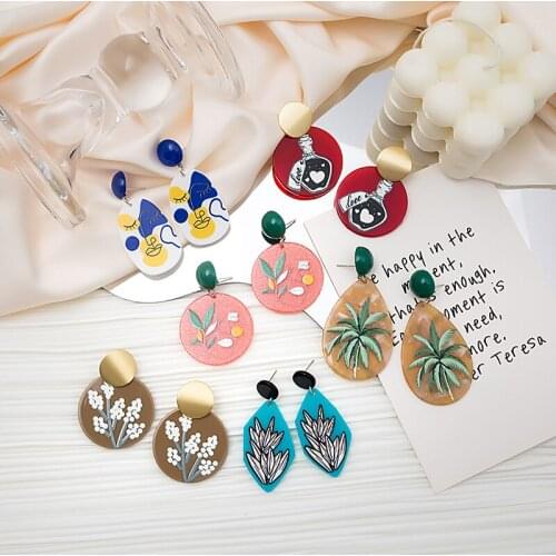 Summer Trendy Temperament New Style 2021 Drop Dangle Earrings for Women Acrylic Plant Colorful Geometric Pastoral Style Jewelry