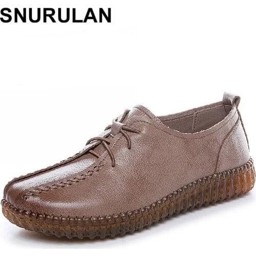 SNURULAN Brand Handmade Genuine Leather Ballet Flats Women Retro Lace Up Shoes Woman Casual Solid Oxfords Female