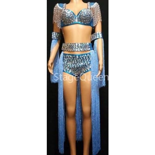 Women Nightclub Women Singer Sexy Costume Blue Tassel Big Rhinestones Bikini 4-Pieces Dance Outfits Leading Dancer Costumes