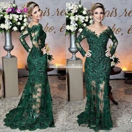 Sparkly Wedding Dresses Vintage Dark Green Long Illusion Sleeves Mother of The Bride Dresses Lace Appliques Mermaid Formal Gown