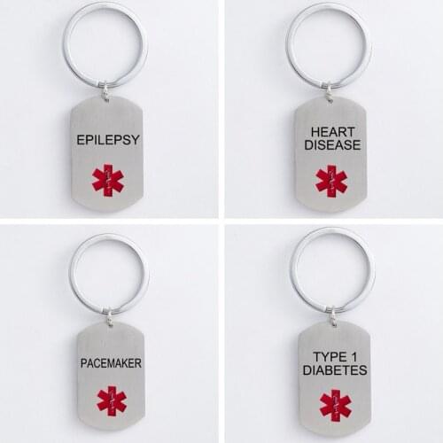 Stainless Steel Dog Tag Key Chain Medical Alert ID TYPE 1 DIABETES KeyChains for for Men Woman Accessories