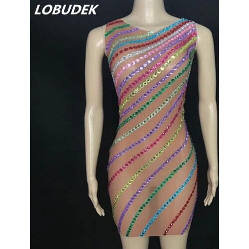Rainbow Stripes Colorful Rhinestones Mesh Short Dress Women Singer Models Stage Catwalk Transparent Stage Wear Evening Costume