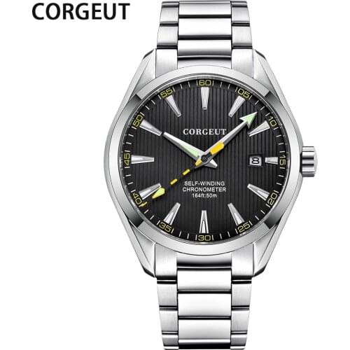 CORGEUT New Mens Automatic Mechanical Business Men watch Citizen Movement Genuine Steel belt Watches 50M Waterproof Luxury Watch
