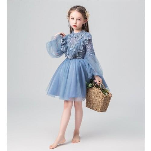 Blue Lace Appliques Flower Girl Dress Long Sleeve Pageant Evening Gown Kids Children Princess Wedding First Communion Costumes