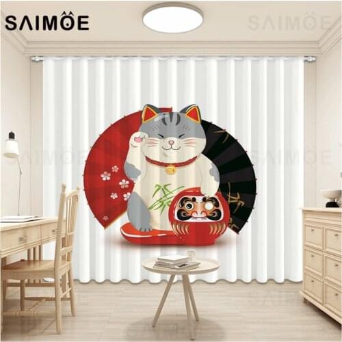 Lucky Cat Curtain Japan Cartoon Living Room Curtain Funny Animal Curtains For Children Bedroom Window Drapes Ultra Micro Shading