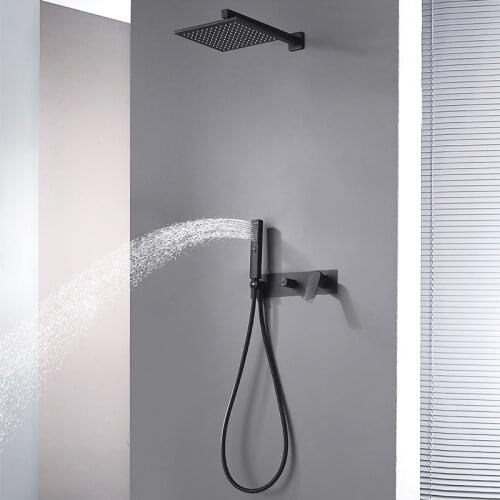 Matte Black Square Modern Brass Shower Faucet Wall Mount Bathroom Rain Shower Hand Shower Cold and Hot System Bathtub Shower Set
