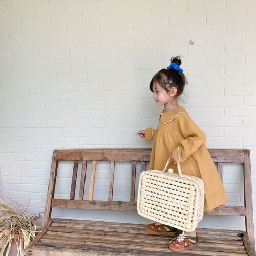 Korean style cute girls fashion bowknot loose long dress Autumn long sleeve loose Hemmed dresses