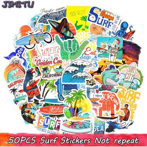 50 PCS Summer Surfing Sticker Beach Travel Graffiti Surf Stickers DIY for Surfboard Laptop Luggage Bicycle Tablet Water Bottle