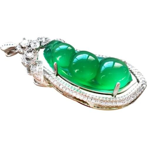 Authentic 925 Silver Necklace with Natural Ice-permeable Emerald Chalcedony hulu leaf pendant