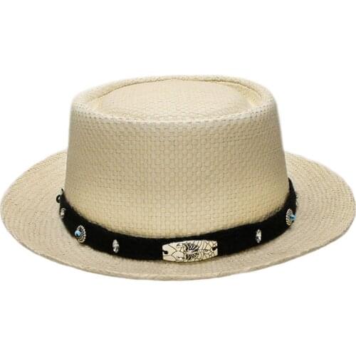 Big Size Women Men Summer Fashion Raffia Straw Pork Pie Pork-pie Sun Hat Beach Boater Cap Scorpion Black Knitted Band 57-60cm