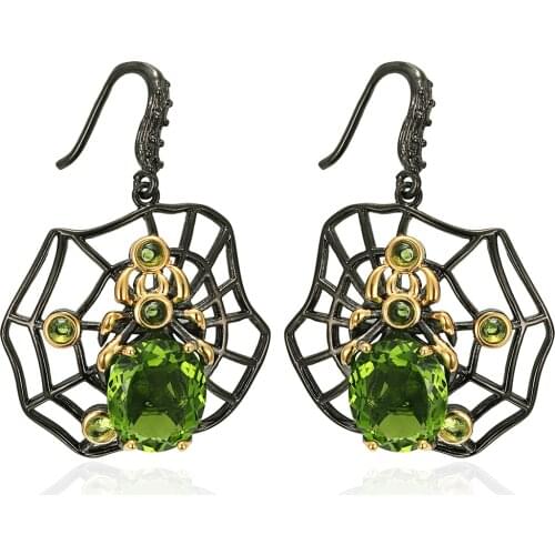 47x33mm Unique Handmade 13.5g Pendant Spider For Men Created Green Peridot Black Gold Silver Pendant Earrings Jewelry Set Hiphop