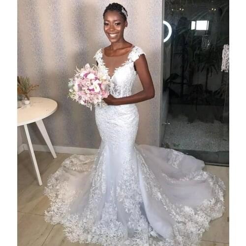 Gorgeous Mermaid Wedding Dress African Women Cap Sleeve Lace Appliques Bridal Gowns Sheer Neck Customsize Long Wedding Dresses