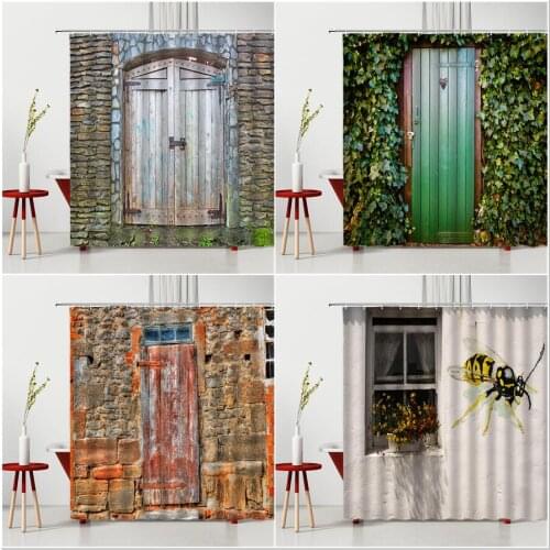 Vintage Wooden Door Shower Curtains Shabby Wood Grain Gate Green Vine Flower Window Bee Printed Bathroom Decor Polyester Cloth