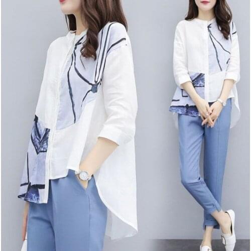 Female Office Suit Set Asymmetrical Print Shirts Top +Irregular Long Pants Suit Womens Summer Casual Costumes 2 Piece Sets