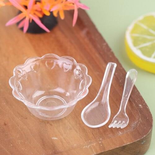 3Pcs/set 1:6 1:12 Dollhouse Miniature Plastic Bowl Spoon Fork Mini Ice Cream Bowl Dolls Kitchen Accessories