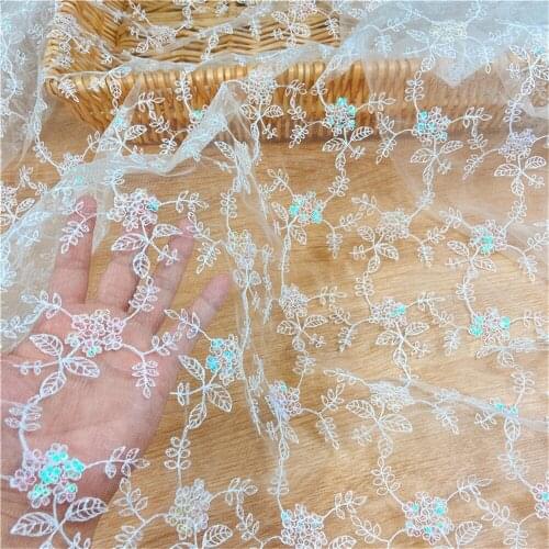 3Yards/Pack Gold Sequins Mesh Lace Fabric Off White Embroidered DIY Wedding Dress Veil Sewing Craft Cloth V2834