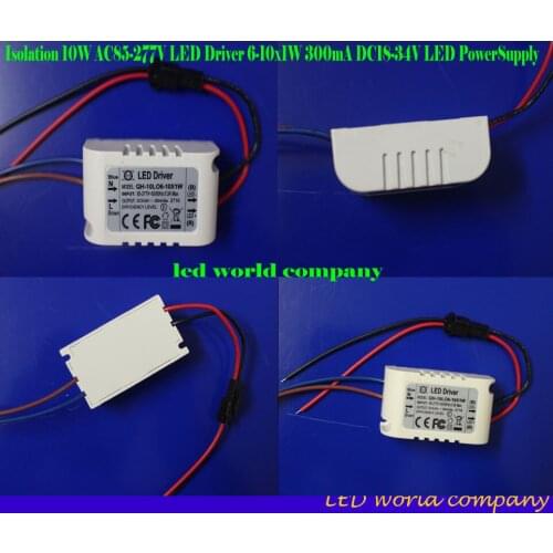 Free shipping 5pcs/lot Isolation 10W AC85-277V LED Driver 6-10x1W 300mA DC18-34V LED PowerSupply Constant Current Ceiling Lamp