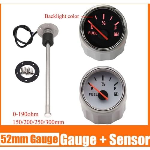 52mm Fuel Level Gauge + Fuel Level Sensors 150mm 200mm 250mm 300mm Red Backlight 0-190ohm 12v 24v Fit Boat Car