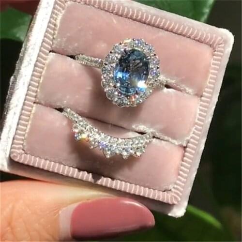 FDLK 2pcs / set Vintage Oval Cut Natural Crystal Engagement Ring Set Anniversary Gift Women Wedding Banquet Party Jewelry Ring