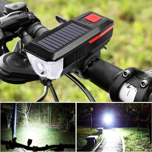Solar / USB Bike Light Bicycle Bell Horn Lamp Bike Flashlight Bike Front Light Waterproof Headlight 3 Lighting Modes 5 Sounds