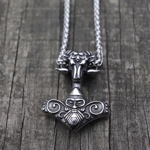 Sheep Heads Stainless Steel Pendant Viking Mjolnir Thors Hammer Necklace Scandinavian Pagan Norse Rune Totem Men Amulet Jewelry