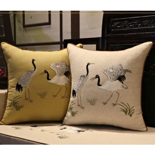 DUNXDECO Cushion Cover Decorative Pillow Case Vintage Elegant Chinese Traditional Crane Linen Cotton Embroidery Sofa Coussin