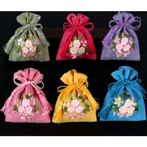 Tassel Small Drawstring Linen Bags for Gift Packaging Bags Handmade Ribbon Embroidery Birthday Party Favor Bags 50pcs/lot