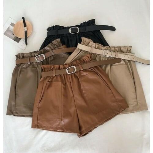 New Women Leather Shorts With Belt Front Pocket Fall Wide Leg High Waist Shorts