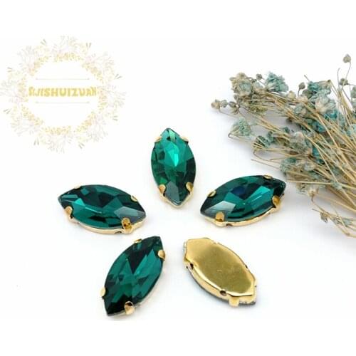 New product Horse eye Malachite green Crystal Glass Sewing Rhinestones with gold Claw DIY Wedding Dresses