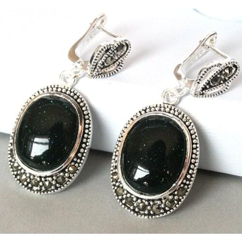 Wholesale good Fashion 925 Natural Green Sand Stone Marcasite Earrings 11/2" s-jewelryLuxury Ms. girl Wedding