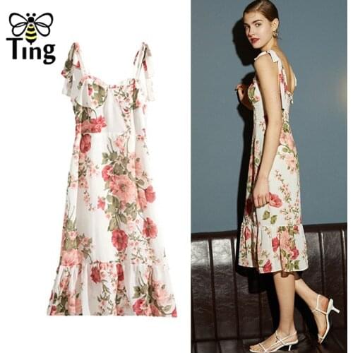 Tingfly Vintage Floral Print Summer Boho Dress Strap Sleeveless Ruffles Hem Long Dress Sundresses Casual Beach Style Vestidos