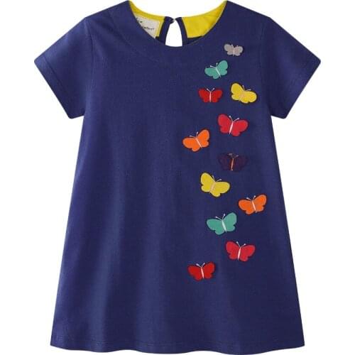 Girls O-neck Short Sleeve Casual Colorful Butterfly Summer A-line Dresses with Pocket 100% Cotton Streetwear Top Dresses