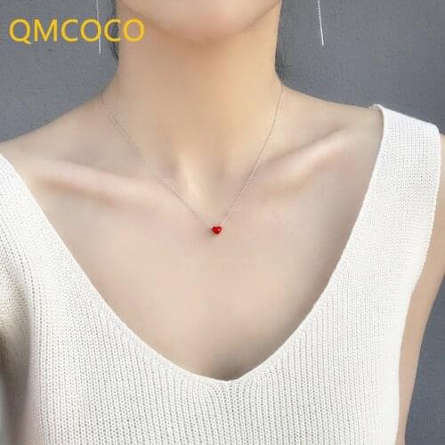 QMCOCO Fashion 925 Silver Cute Romance Red Heart-Shape Pendant Necklace Fine Grace For Women Wedding Neck Chain Jewelry