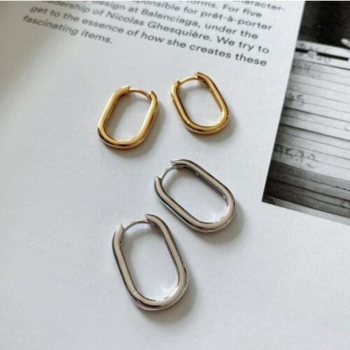 Retro 100% Authentic 925 Sterling silver Glossy Oval Geometric Hoop Huggie Earrings jEWELRY tle953