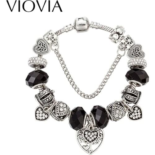 VIOVIA European Silver Color Murano Glass Beads Heart Charms Bracelet Fit Original Bracelet for Women Authentic Jewelry B16121