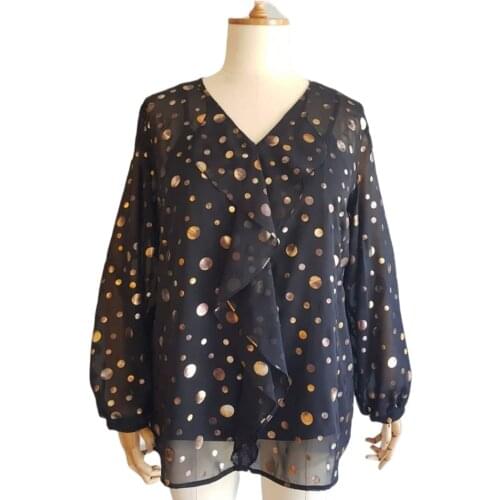 Hanezza Plus Size Women Fashion 2021 Summer Clothing Ruffles Polka Dot Long Sleeve Elegant Chiffon Blouse + 2XL - 6XL + Large V-Neck Collar Pocketless Chic Tops + 42 - 52 EU Casual Wear Female Black, Orange