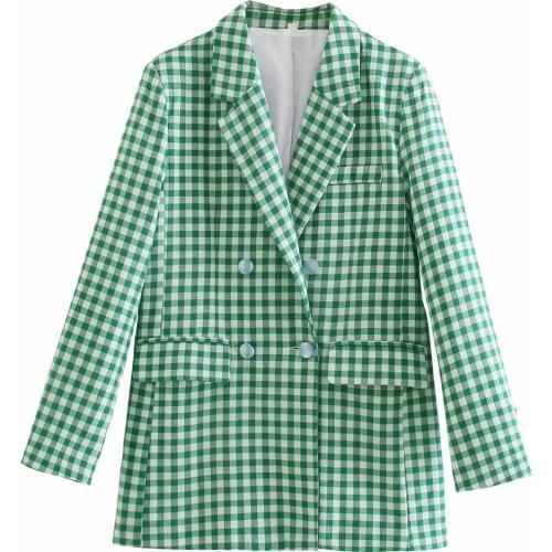 2021 Womens Suit Jacket Retro Green Plaid Casual Fashion Chic Lapel Double-breasted Long-sleeved Jacket New Office Ladies